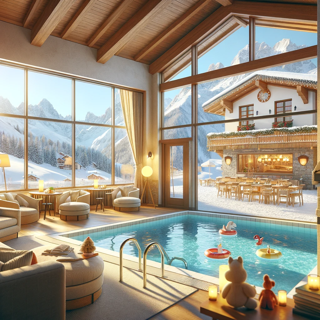 Rodzinny hotel w Alpach Włoskich z basenem i widokiem na pokryte śniegiem góry