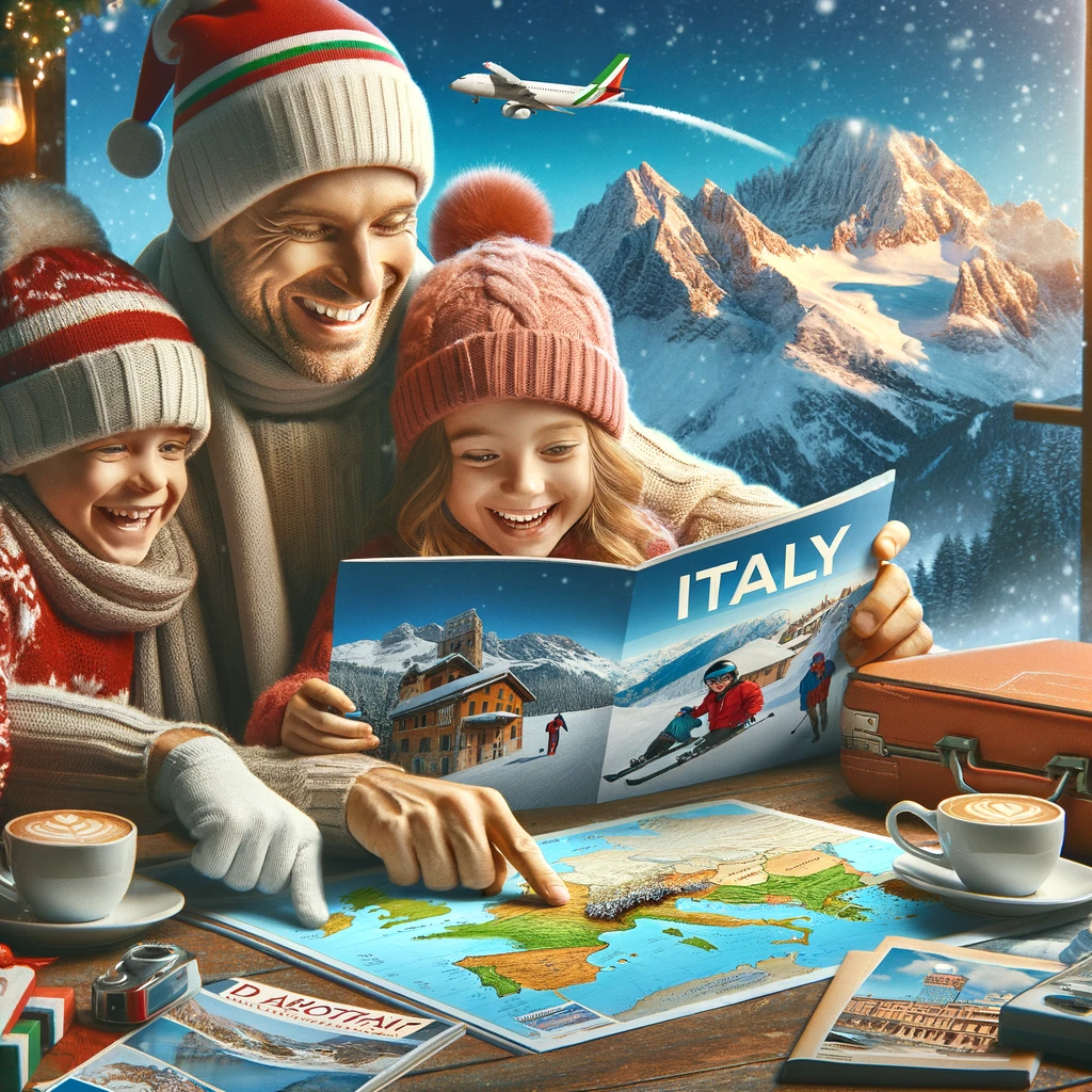 Rodzina planująca zimowe wakacje we Włoszech z mapą ośrodków narciarskich i broszurami podróżniczymi