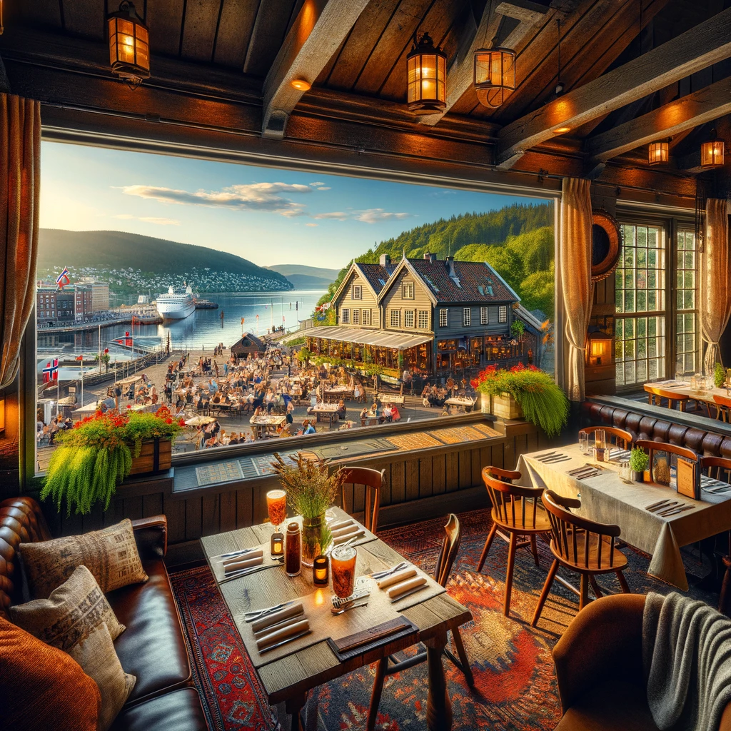 Tradycyjna norweska karczma w malowniczym otoczeniu z przytulnym wnętrzem i widokiem na zgiełk restauracji w Oslo