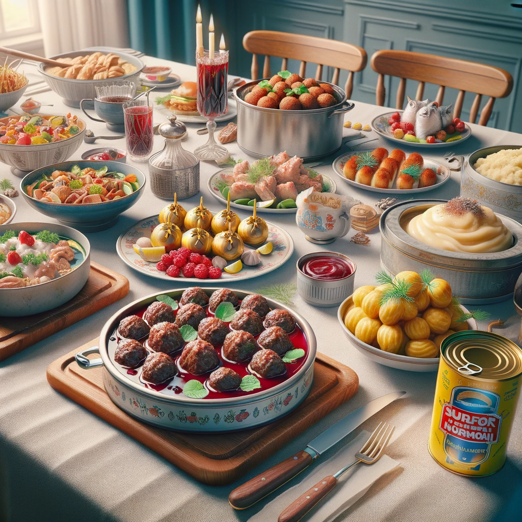 Tradycyjne szwedzkie dania na stole, w tym Smörgåsbord, Köttbullar i Surströmming