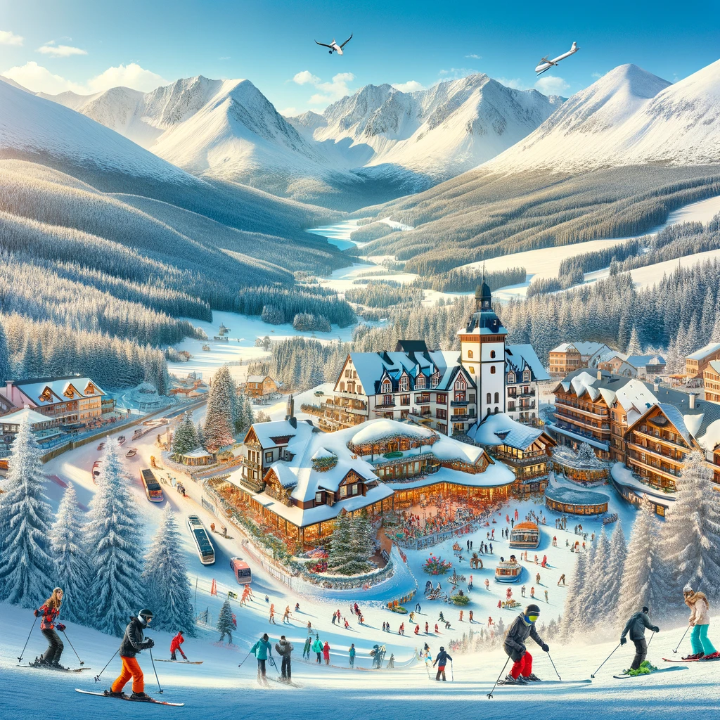 Malowniczy ośrodek narciarski w czeskich górach z rodzinami cieszącymi się zimowymi atrakcjami