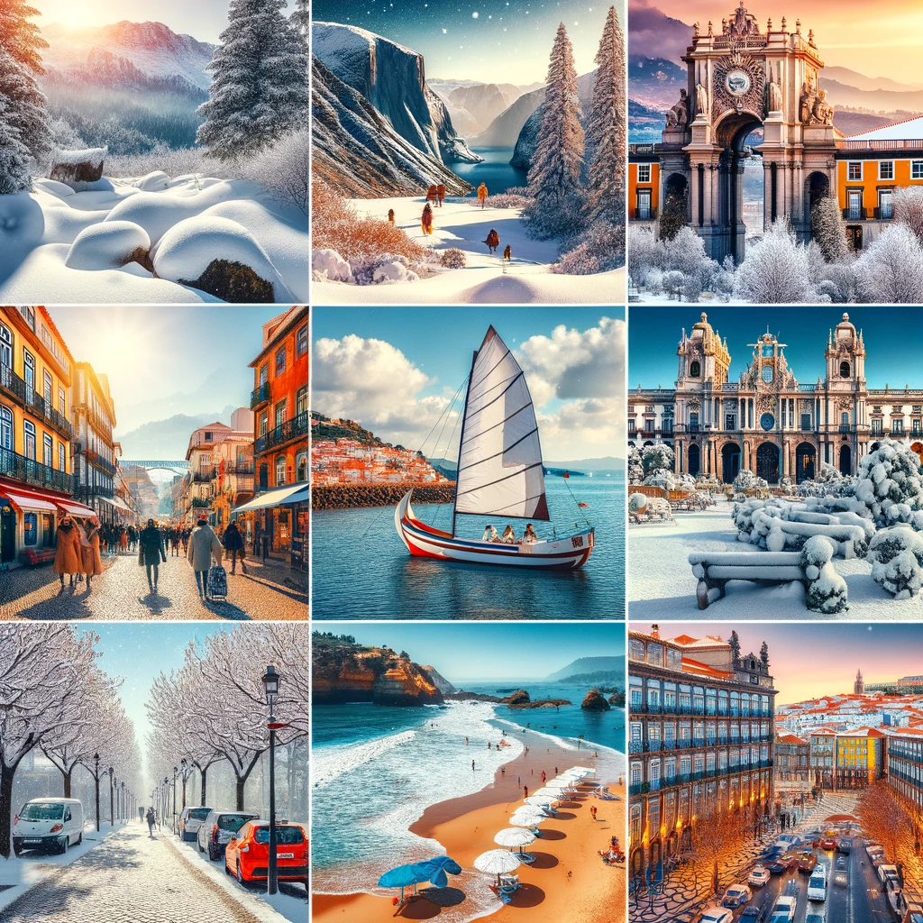 Kolaż najlepszych miejsc na zimowe wakacje w Portugalii: Serra da Estrela, plaże Algarve, historyczne ulice Lizbony, tętniące życiem Porto, oraz malownicze krajobrazy Madery.