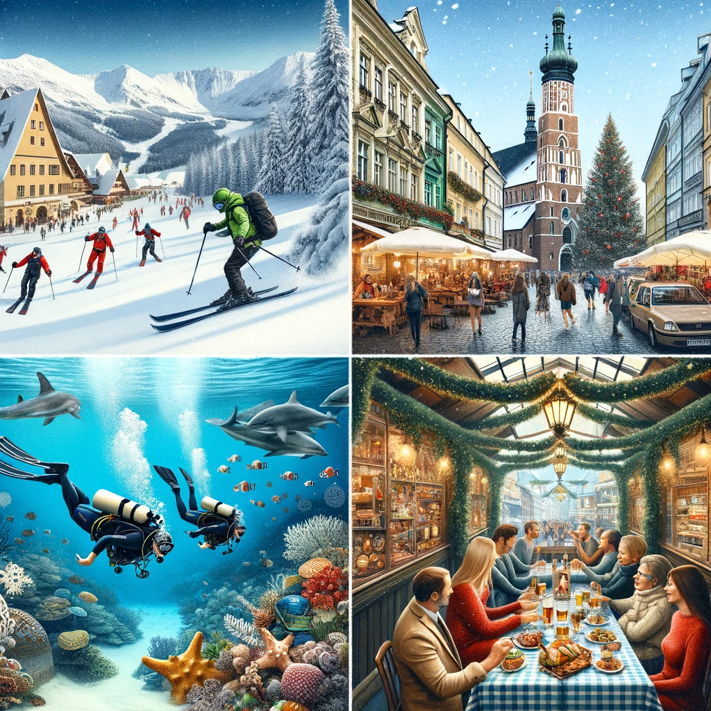 Kolaż przedstawiający aktywności na grudniowe wakacje: narciarstwo w Zakopanem, zwiedzanie Krakowa, nurkowanie w Tajlandii, jarmark w Wiedniu