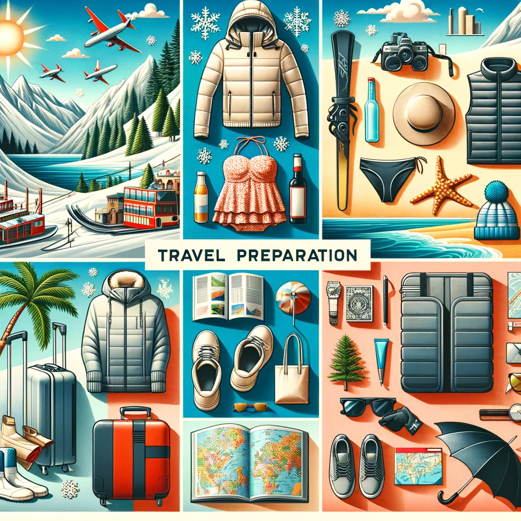 Kolaż przedstawiający niezbędne elementy przygotowania do podróży na grudniowe wakacje: odzież zimowa i sprzęt narciarski, lekka odzież i akcesoria plażowe, niezbędniki do podróży miejskich jak mapy i wygodne obuwie