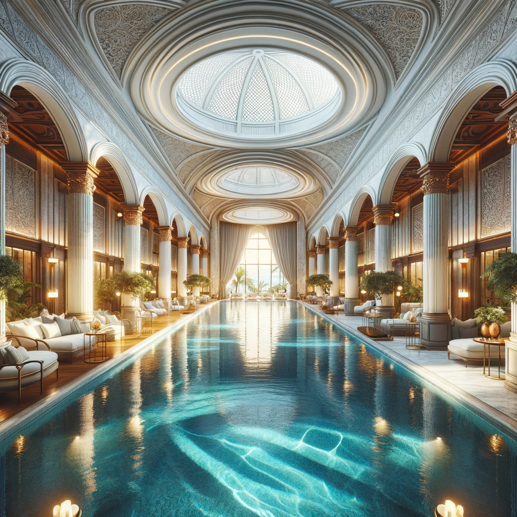 Luksusowy hotel w Portugalii z zachwycającym basenem wewnętrznym lub zewnętrznym, prezentujący elegancką i relaksującą atmosferę.