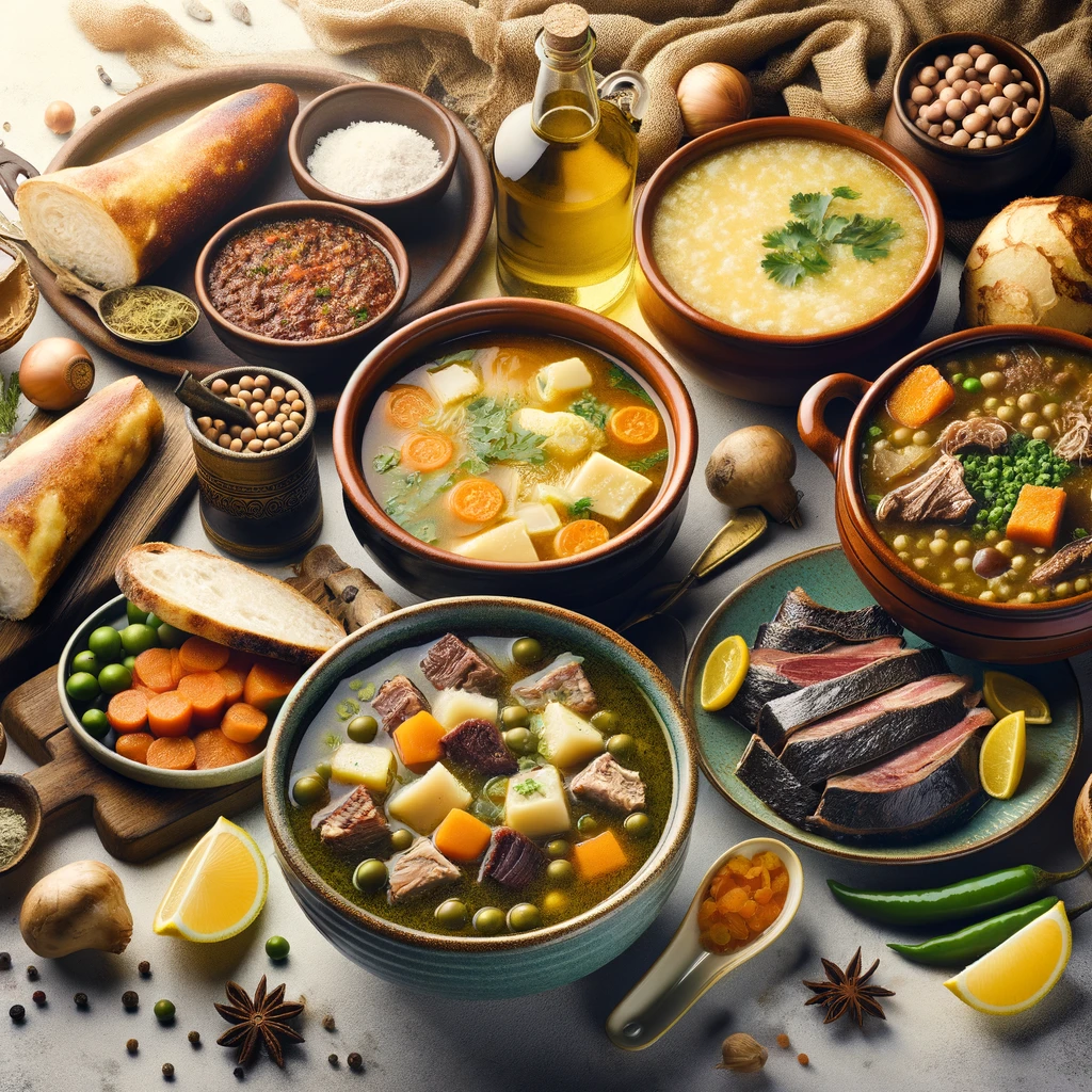Różnorodne tradycyjne portugalskie dania idealne na zimę, w tym Bacalhau à Brás, Caldo Verde i Feijoada.