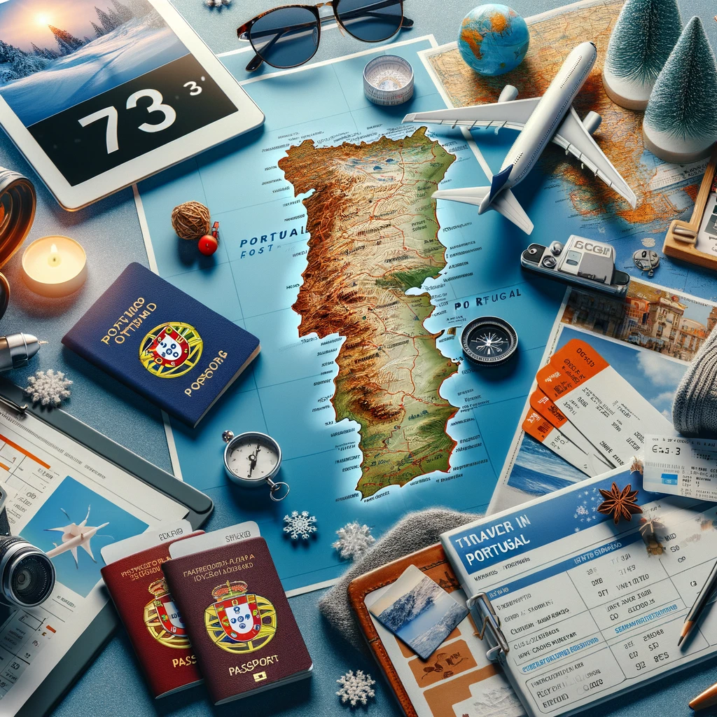 Scena planowania podróży na zimowe wakacje w Portugalii, z mapą Portugalii, broszurami turystycznymi, prognozą pogody na ekranie i niezbędnymi przedmiotami podróżnymi, takimi jak paszporty i bilety lotnicze.