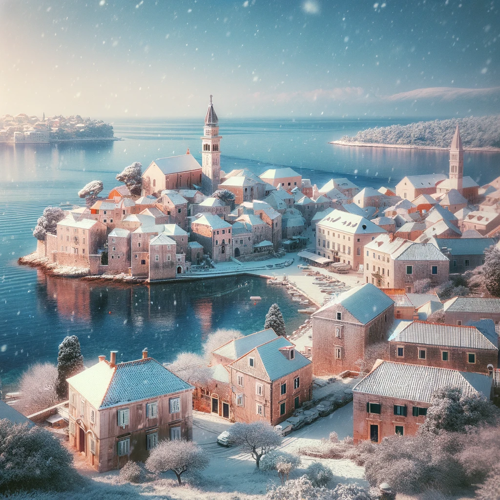 Malowniczy zimowy pejzaż w Chorwacji, urokliwe nadmorskie miasteczko z historyczną architekturą pokrytą lekkim śniegiem, morze w tle, jasnoniebieskie niebo.