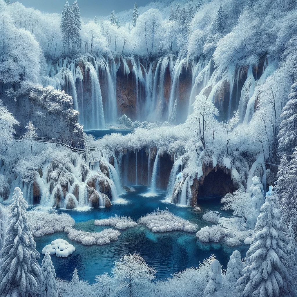 Zimowy krajobraz Parku Narodowego Jezior Plitwickich w Chorwacji, z zamarzniętymi wodospadami i pokrytymi śniegiem drzewami.