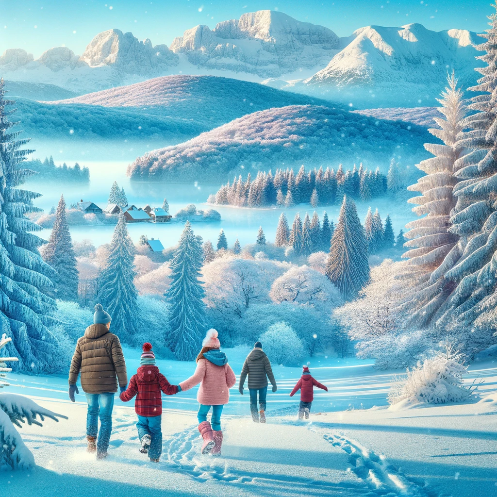 Rodzina ciesząca się zimowymi aktywnościami w chorwackim parku narodowym, spacerująca i bawiąca się na śniegu.