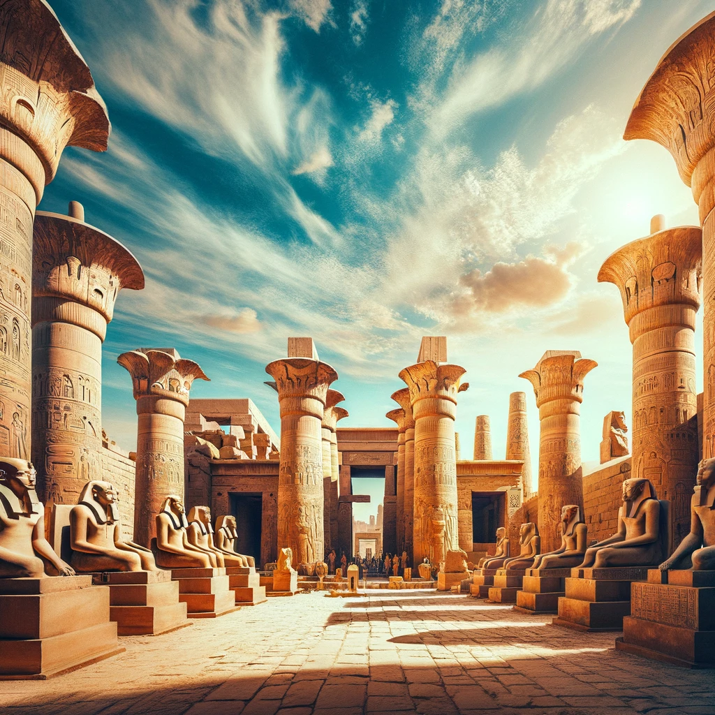 Widok na Świątynię Karnak w Luksorze, Egipt, z jej starożytnymi kolumnami i posągami