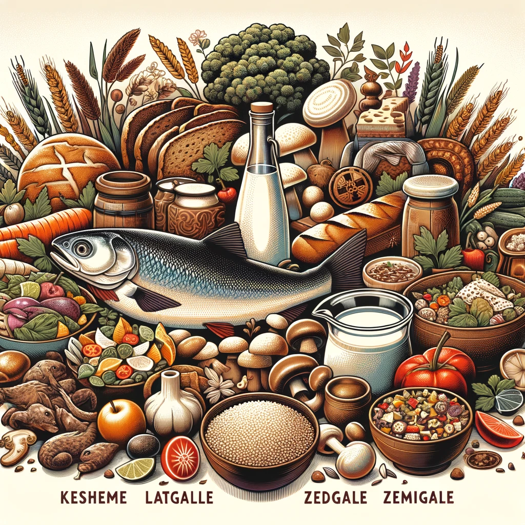 Kolaż przedstawiający regionalne specjały kuchni łotewskiej, z Kurzeme, Latgale, Vidzeme i Zemgale