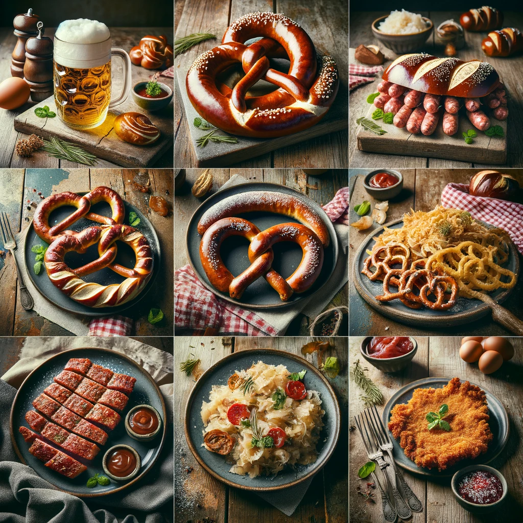 Kolaż tradycyjnych niemieckich potraw: Bratwurst, Pretzel, Sauerkraut i Wiener Schnitzel