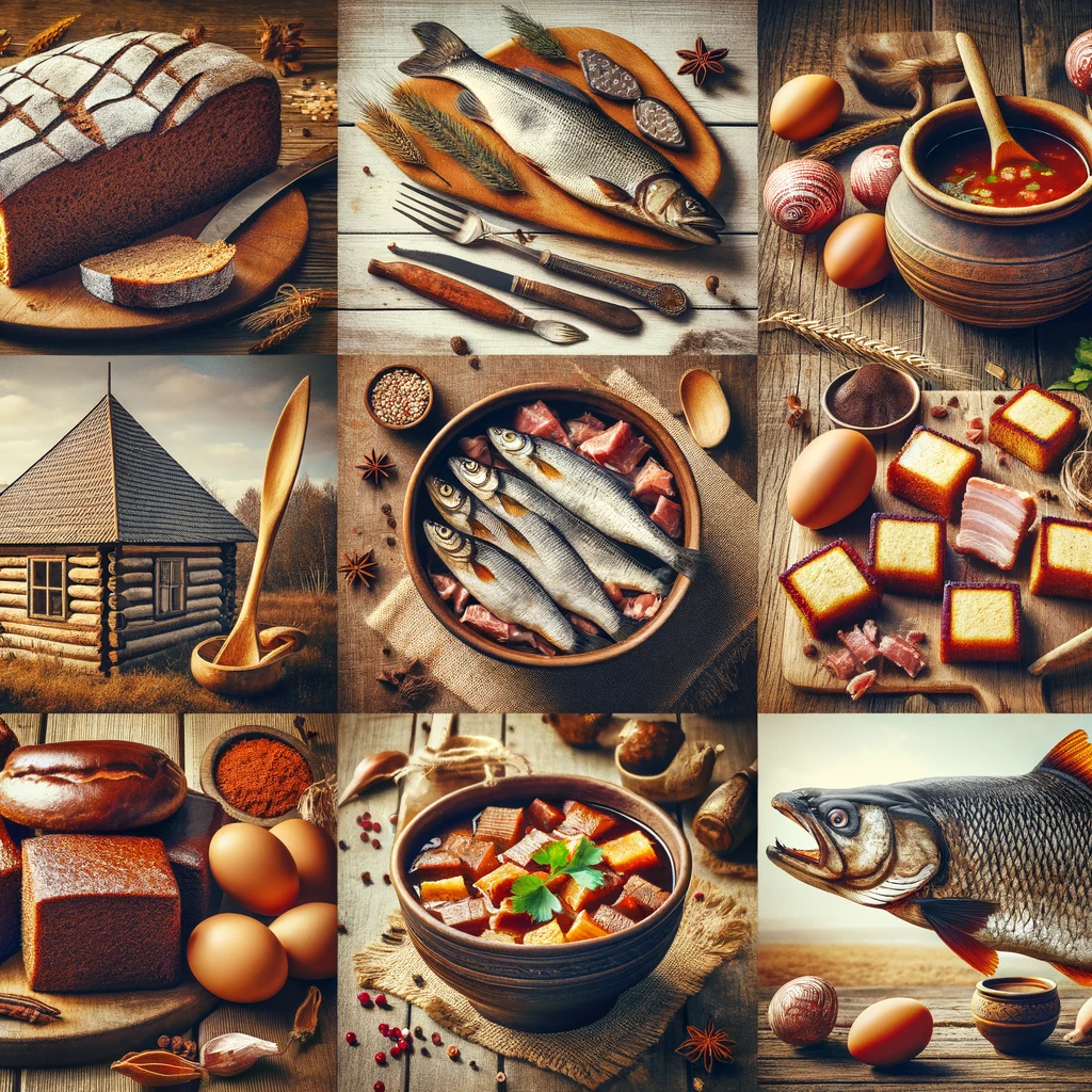 Kolaż przedstawiający tradycyjne łotewskie dania: żytni chleb, wędzoną rybę, sycące gulasze i piragi