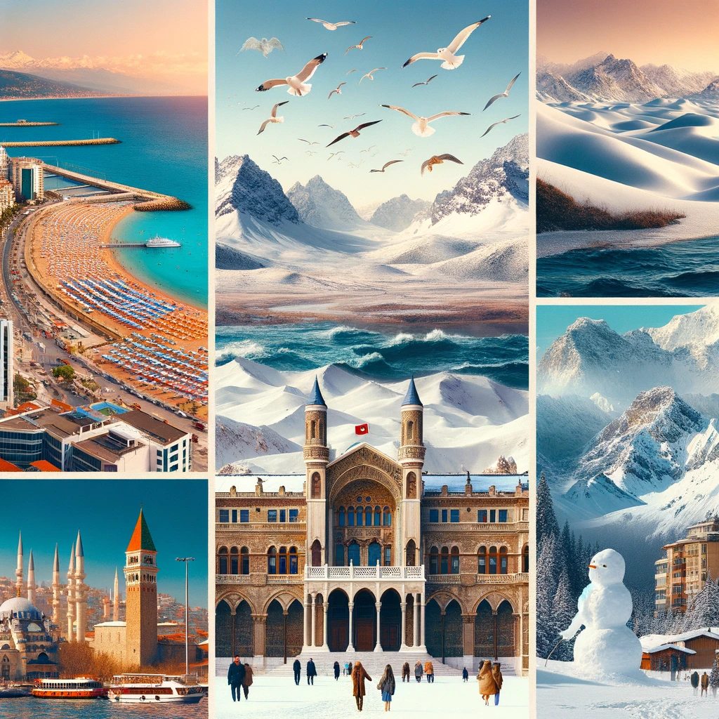 Zimowa różnorodność Turcji: słoneczne plaże Antalyi, historyczna architektura Stambułu, i śnieżne góry Uludağ.