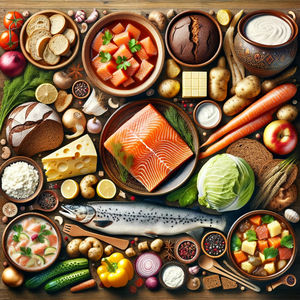 Kolaż prezentujący typowe składniki kuchni łotewskiej: wędzony łosoś, żytni chleb, gulasze, świeże warzywa oraz produkty mleczne