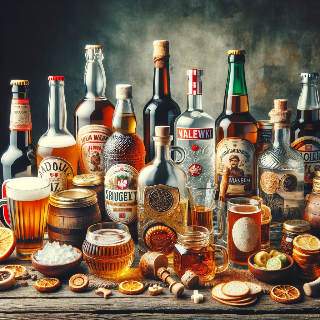 Kolekcja tradycyjnych polskich napojów alkoholowych, w tym różne marki piwa, wódki i domowej nalewki, stylowo ułożone na rustykalnym stole.
