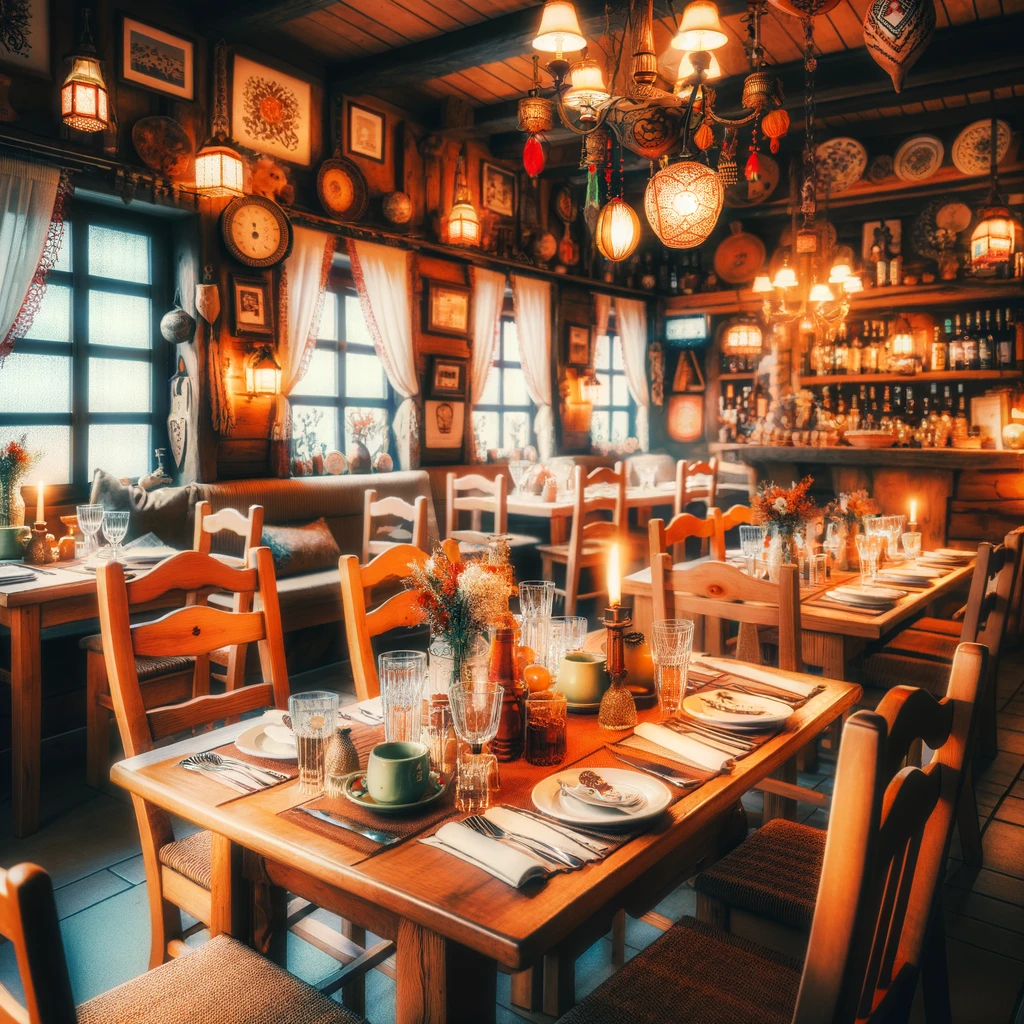Przytulny i zapraszający wnętrze tradycyjnej polskiej restauracji, z drewnianymi stolikami przygotowanymi do posiłku, ciepłym oświetleniem i dekoracjami odzwierciedlającymi lokalną kulturę i kuchnię.