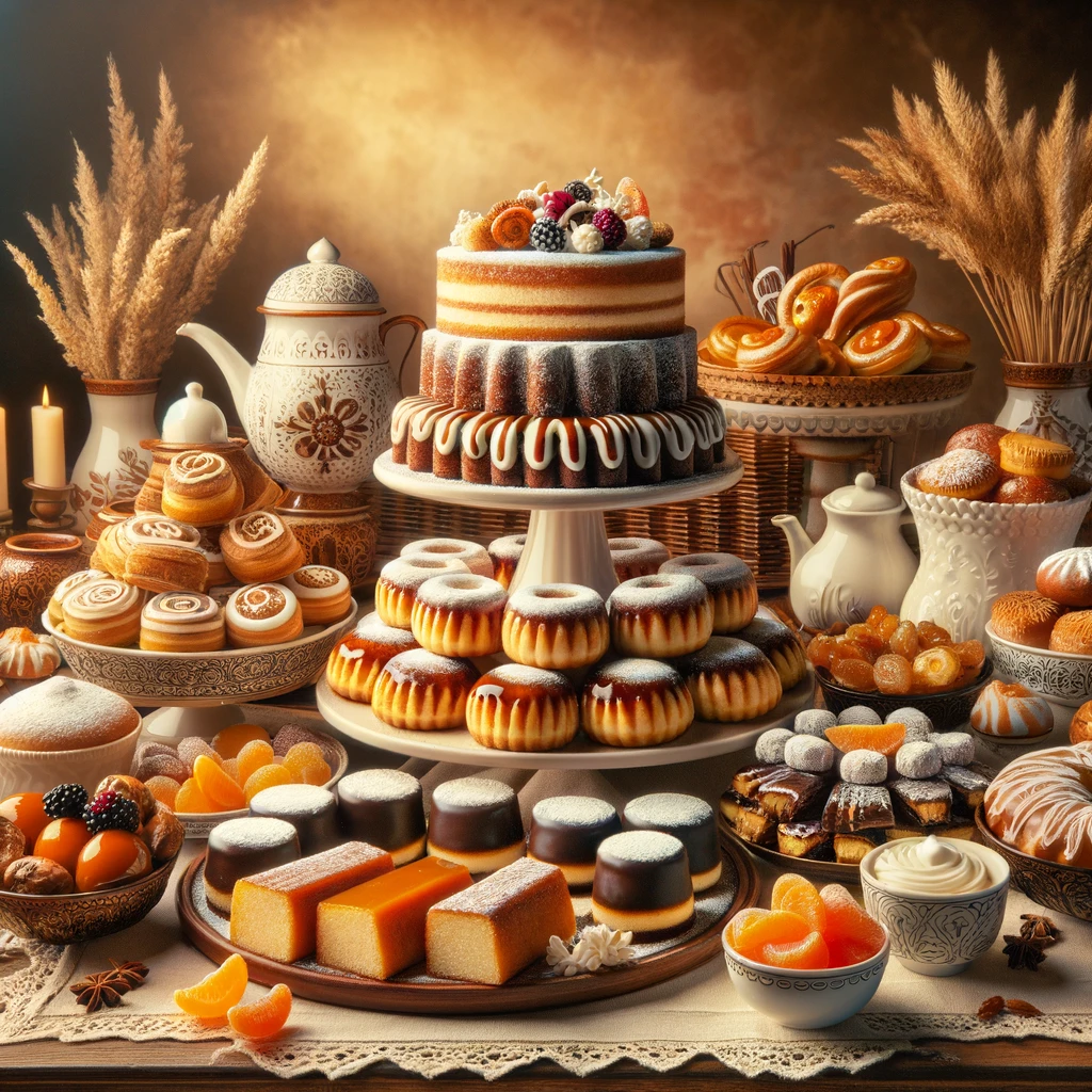 Zachwycająca prezentacja tradycyjnych polskich słodyczy i deserów, w tym sernik, makowiec, szarlota, pączki i kremówka papieska, artystycznie ułożone na stole z ciepłym, przyjemnym tłem.