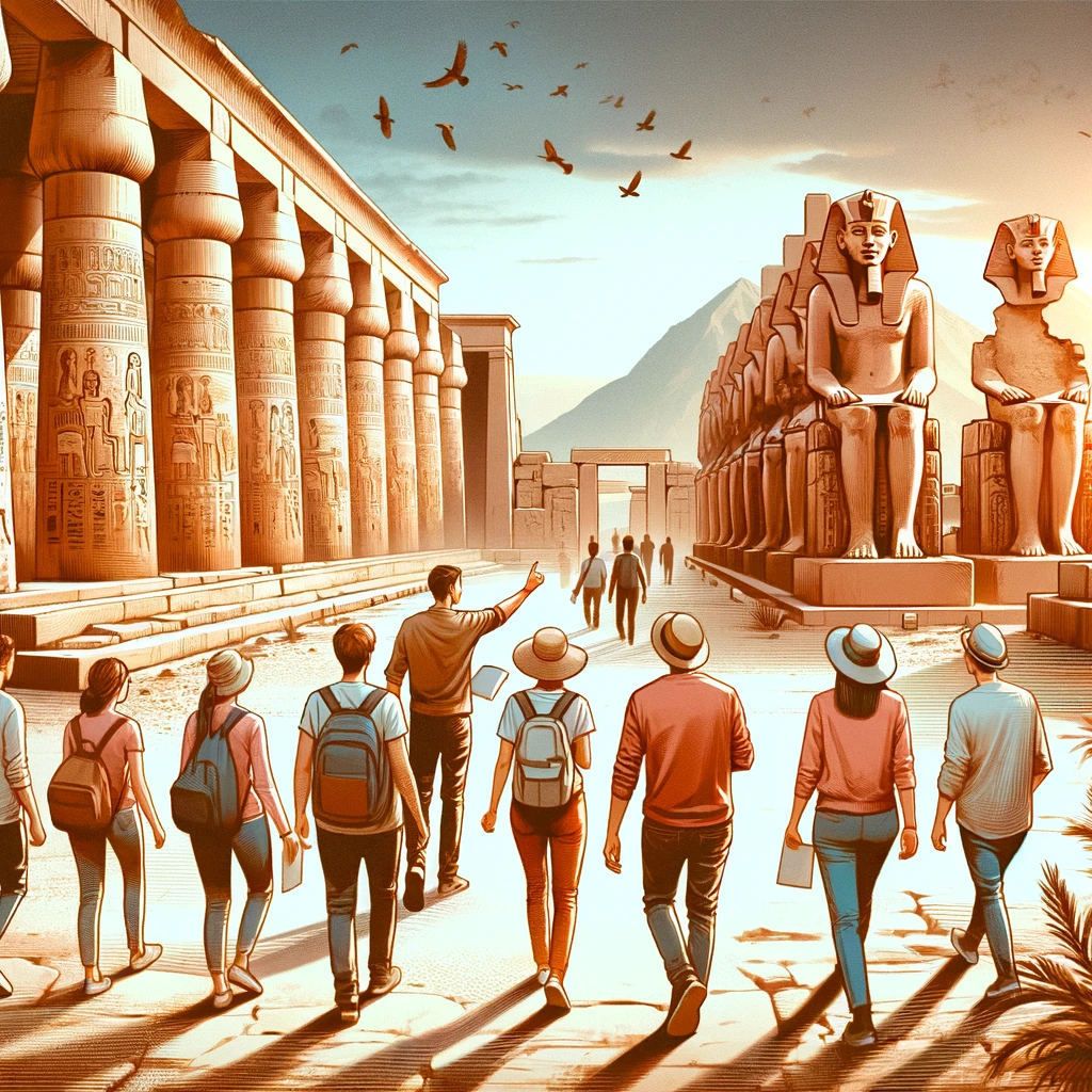 Grupa turystów zwiedzająca starożytne ruiny Luksoru w Egipcie z przewodnikiem