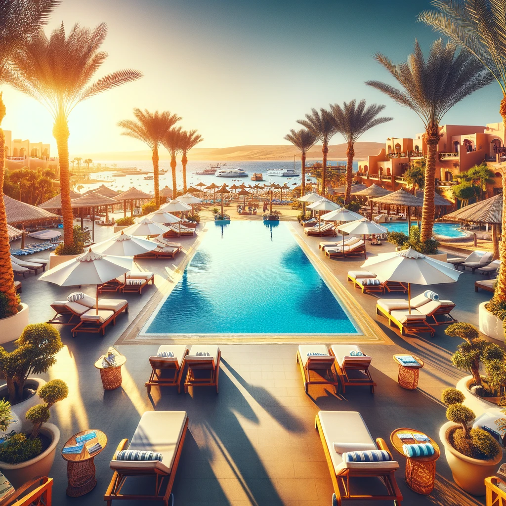 Luksusowy kurort 'All Inclusive' w Egipcie z basenem, leżakami i widokiem na morze