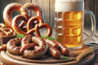 Tradycyjny niemiecki posiłek z bratwurstem, pretzlem i piwem