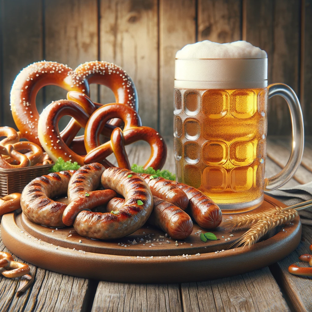 Tradycyjny niemiecki posiłek z bratwurstem, pretzlem i piwem