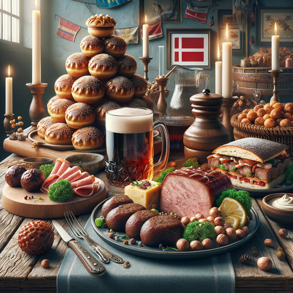 Tradycyjne dania duńskie na drewnianym stole