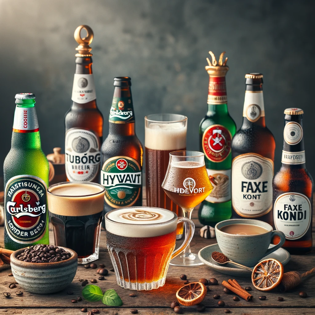 Duńskie napoje, w tym piwa Carlsberg i Tuborg, rzemieślnicze piwa, akvavit, Hyldesaft, Faxe Kondi oraz kawa i herbata.