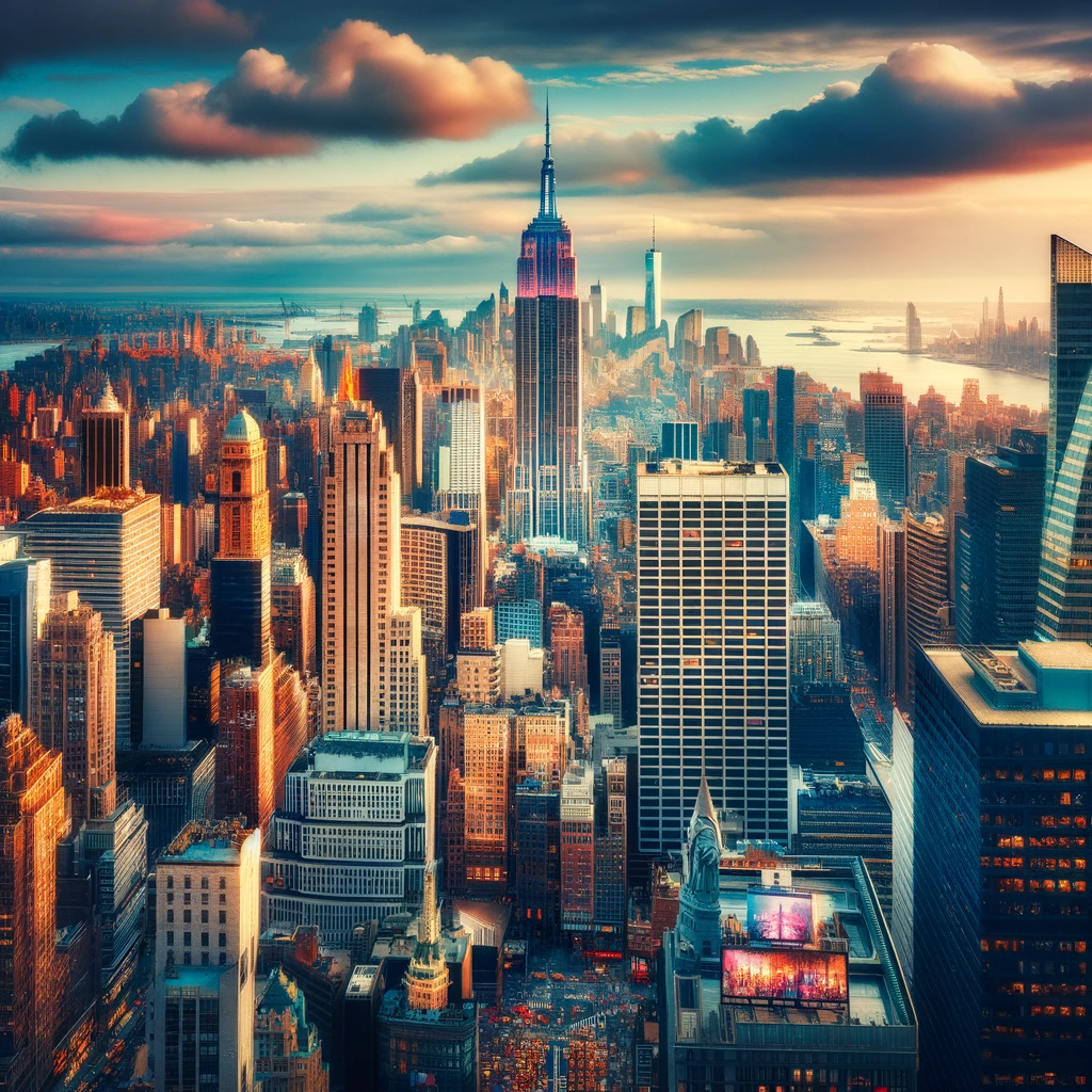 Widok na skyline Nowego Jorku z charakterystycznymi punktami, takimi jak Empire State Building