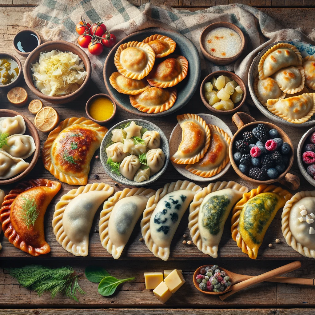 Różnorodne tradycyjne polskie pierogi elegancko prezentowane na rustykalnym drewnianym stole, w tym pierogi ruskie, z mięsem, z kapustą i grzybami, ze szpinakiem oraz słodkie z jagodami lub serem.