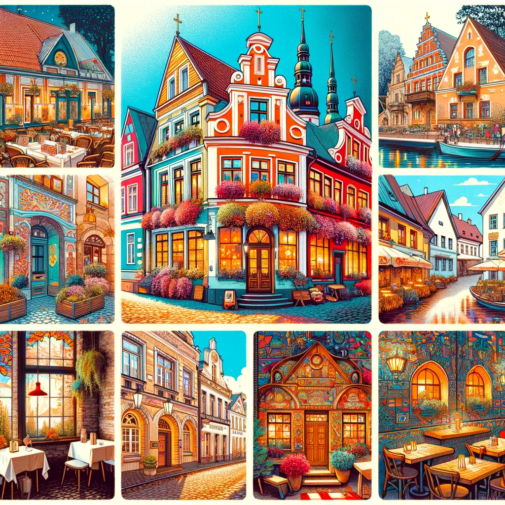 Kolaż przedstawiający zewnętrze i wnętrze tradycyjnych łotewskich restauracji i kawiarni w Rydze, Liepāji, Cēsis i Siguldzie