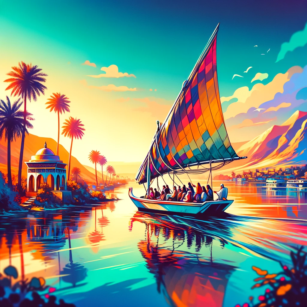 Turystyka na tradycyjnej łodzi feluka na rzece Nil w Egipcie