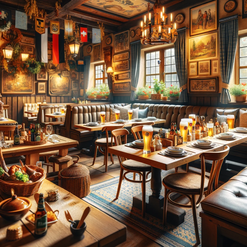 Wnętrze tradycyjnej niemieckiej restauracji z przytulnymi miejscami, drewnianym wystrojem i różnorodnymi niemieckimi daniami