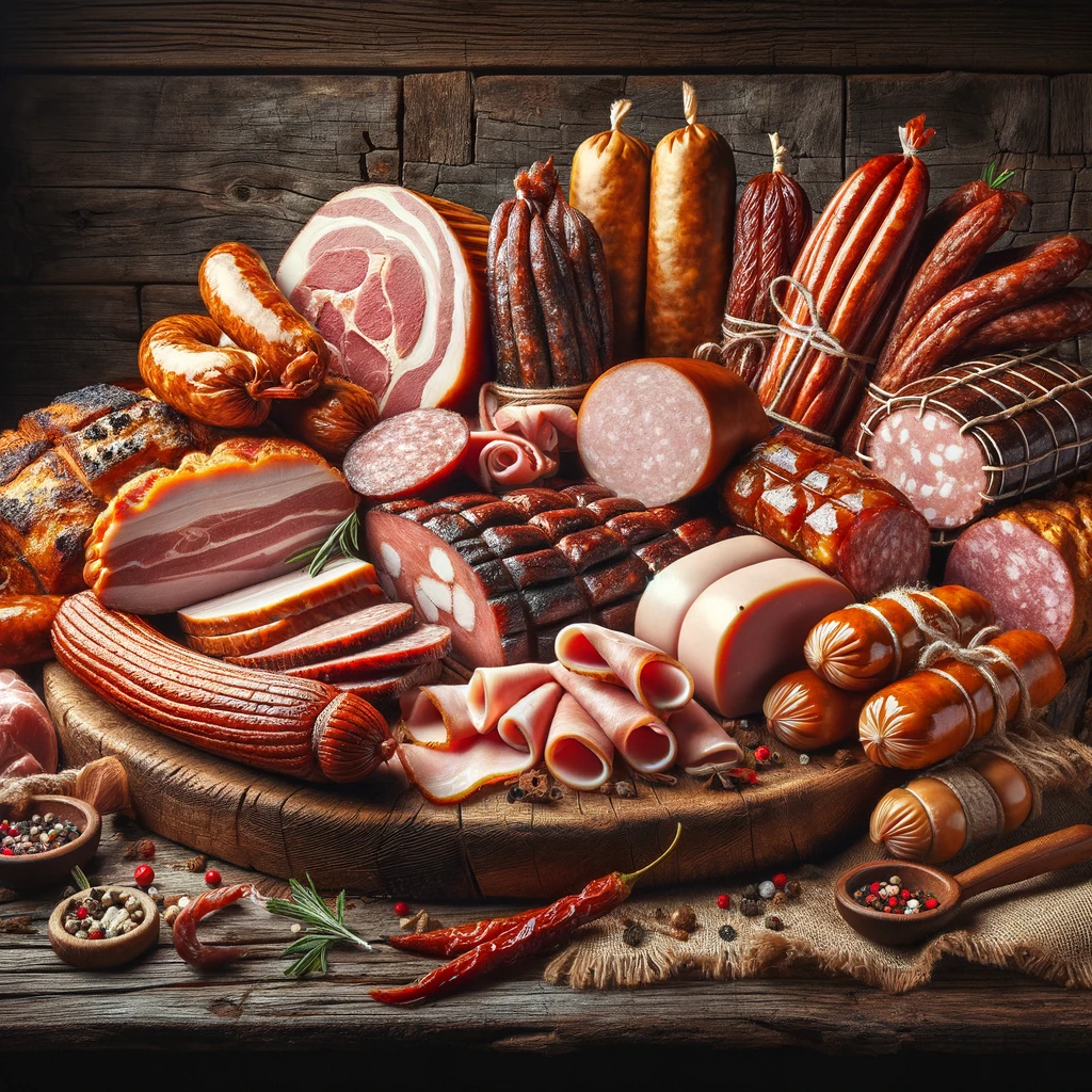 Zestaw tradycyjnych polskich mięs i kiełbas, w tym Kiełbasa Lisiecka, Szynka Wielkopolska, Kabanosy i Kiełbasa Krakowska Sucha, prezentowanych na drewnianej desce z rustykalnym tłem.