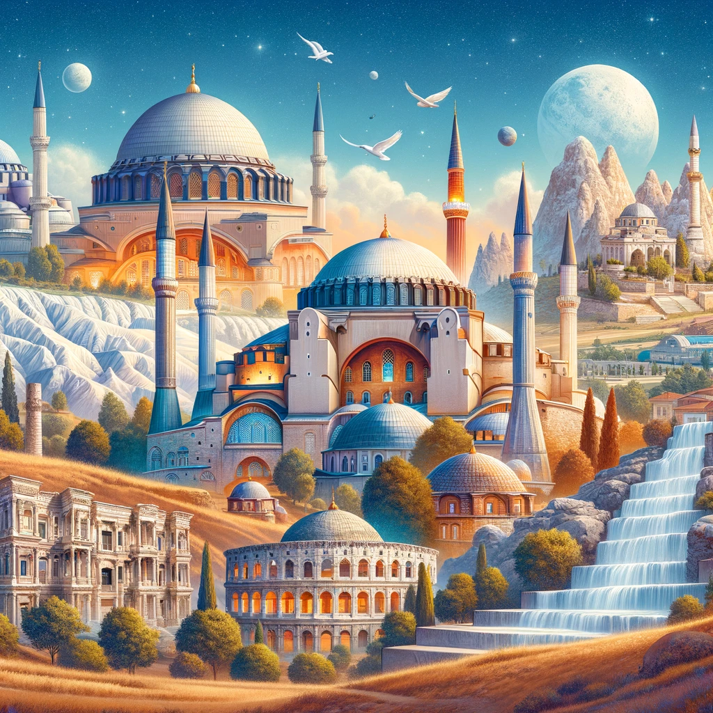 Ikony kultury i historii Turcji: Hagia Sophia i Błękitny Meczet w Stambule, kominy wróżek w Kapadocji, tarasy w Pamukkale i starożytne ruiny Efezu.