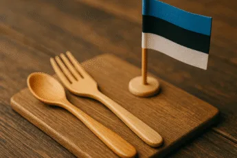 Miniaturszene: estnische Flagge, Holzlöffel und eine Gabel auf einem Brett