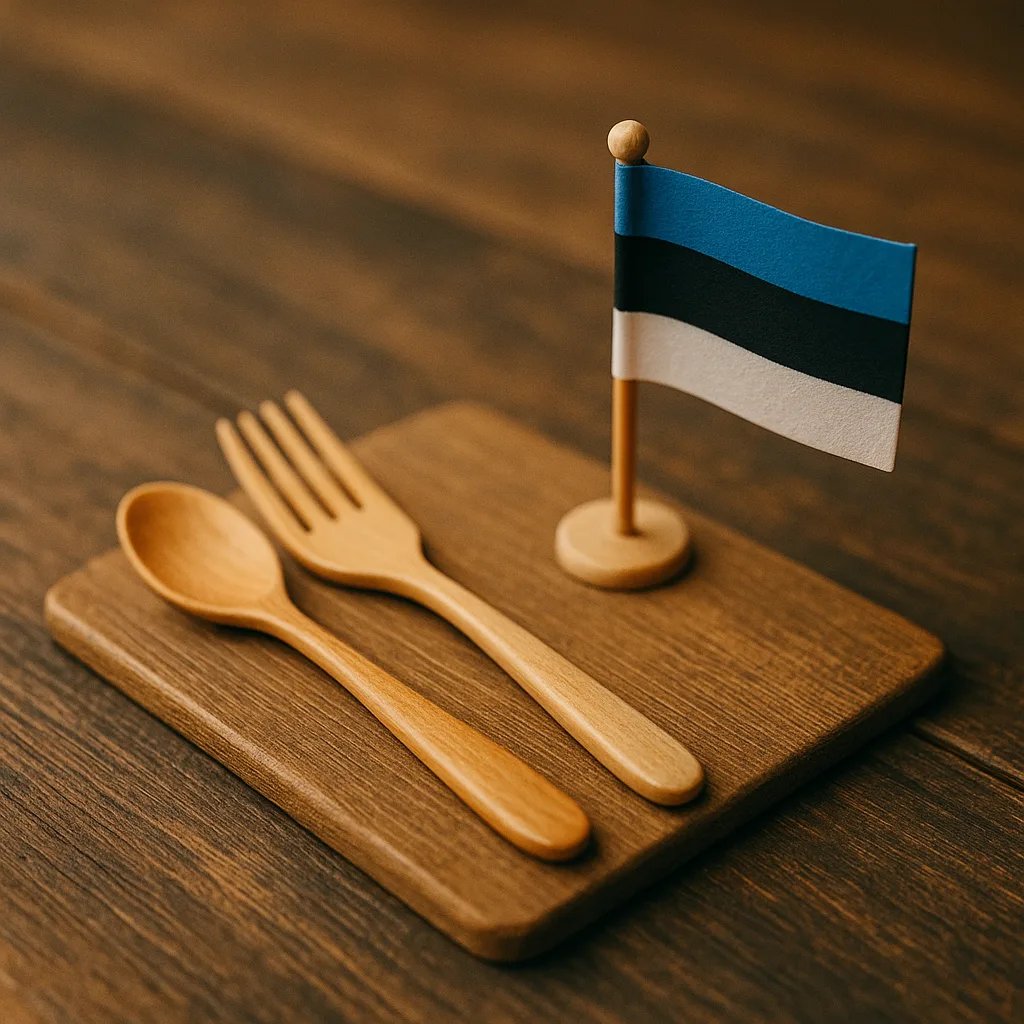 Miniaturowa scena: estońska flaga, drewniana łyżka i widelec na desce