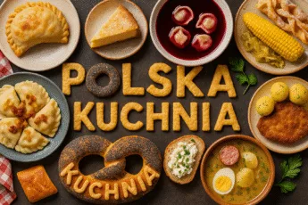 "Polska kuchnia - tradycyjne dania polskie, pierogi, barszcz, sernik, schabowy. Napis ułożony z ciasta. Tło w stylu realistycznym, poziomy układ, styl YouTube.