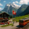 Alpejska wioska w Szwajcarii latem – czerwony pociąg, drewniany dom i flaga na tle gór