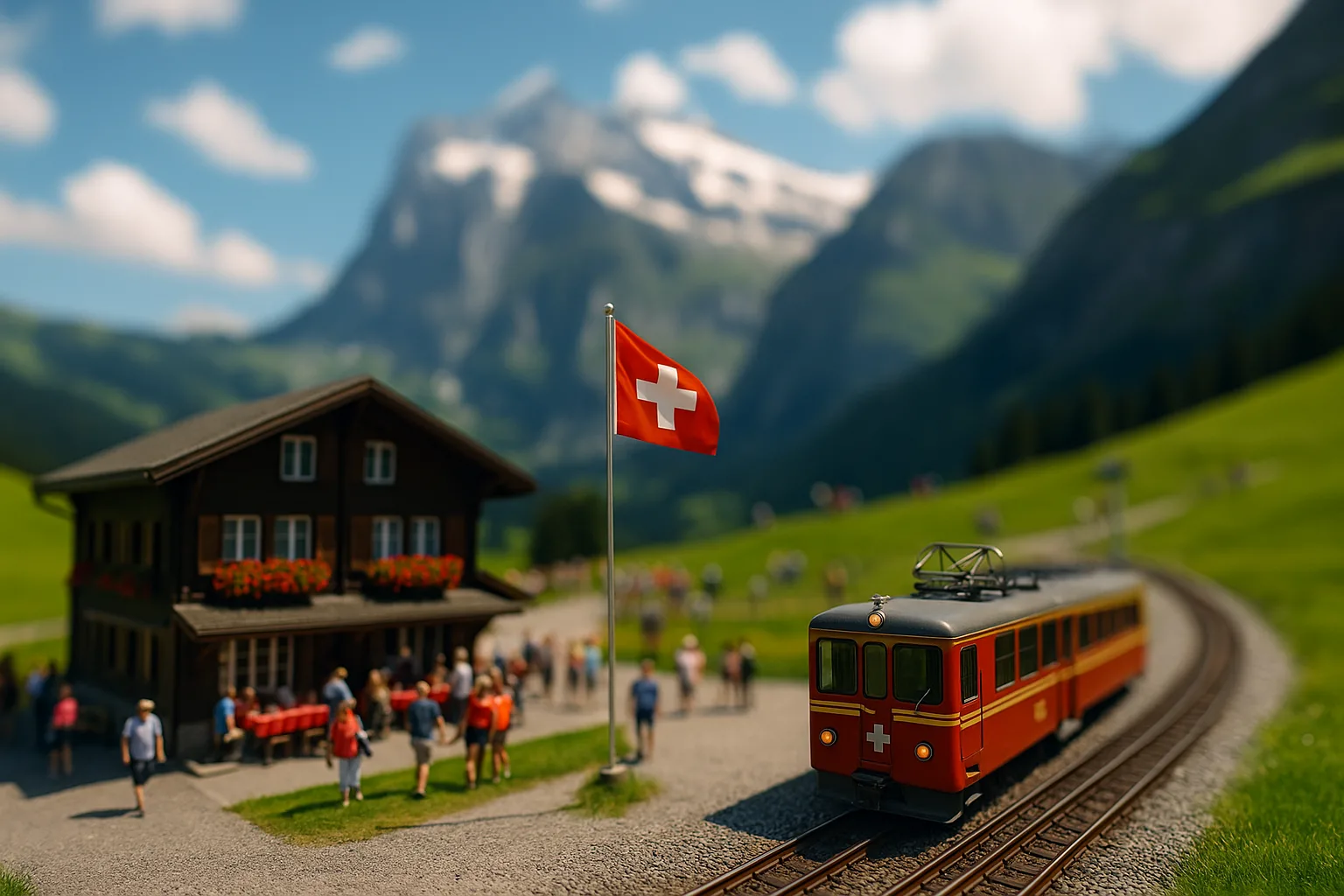 Alpine village in Switzerland in the summer - a red train, a wooden house and a flag against the background of the mountains