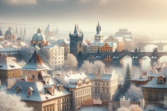 Praga w lutym - widok na zabytkowe budynki i Most Karola