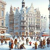 Zimowy pejzaż miejski w Łodzi, Polska, ze śnieżnymi ulicami, historycznymi budynkami i rodzinami cieszącymi się zimowymi aktywnościami.