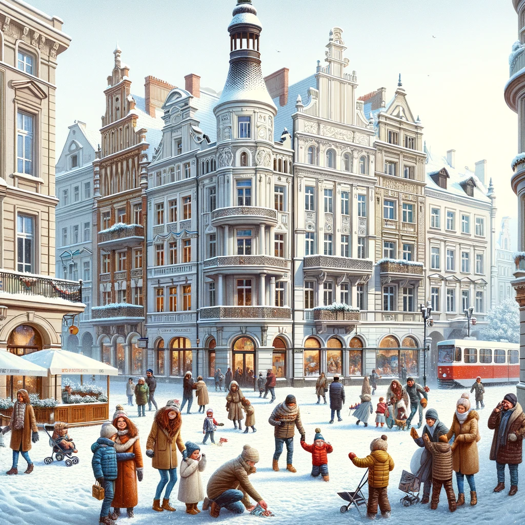 Zimowy pejzaż miejski w Łodzi, Polska, ze śnieżnymi ulicami, historycznymi budynkami i rodzinami cieszącymi się zimowymi aktywnościami.