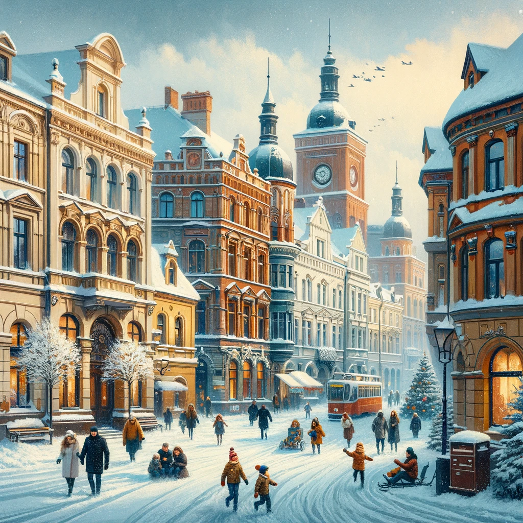 Zimowy krajobraz Łodzi z pokrytymi śniegiem ulicami i zabytkowymi budynkami, rodziny spacerują i dzieci bawią się w śniegu.