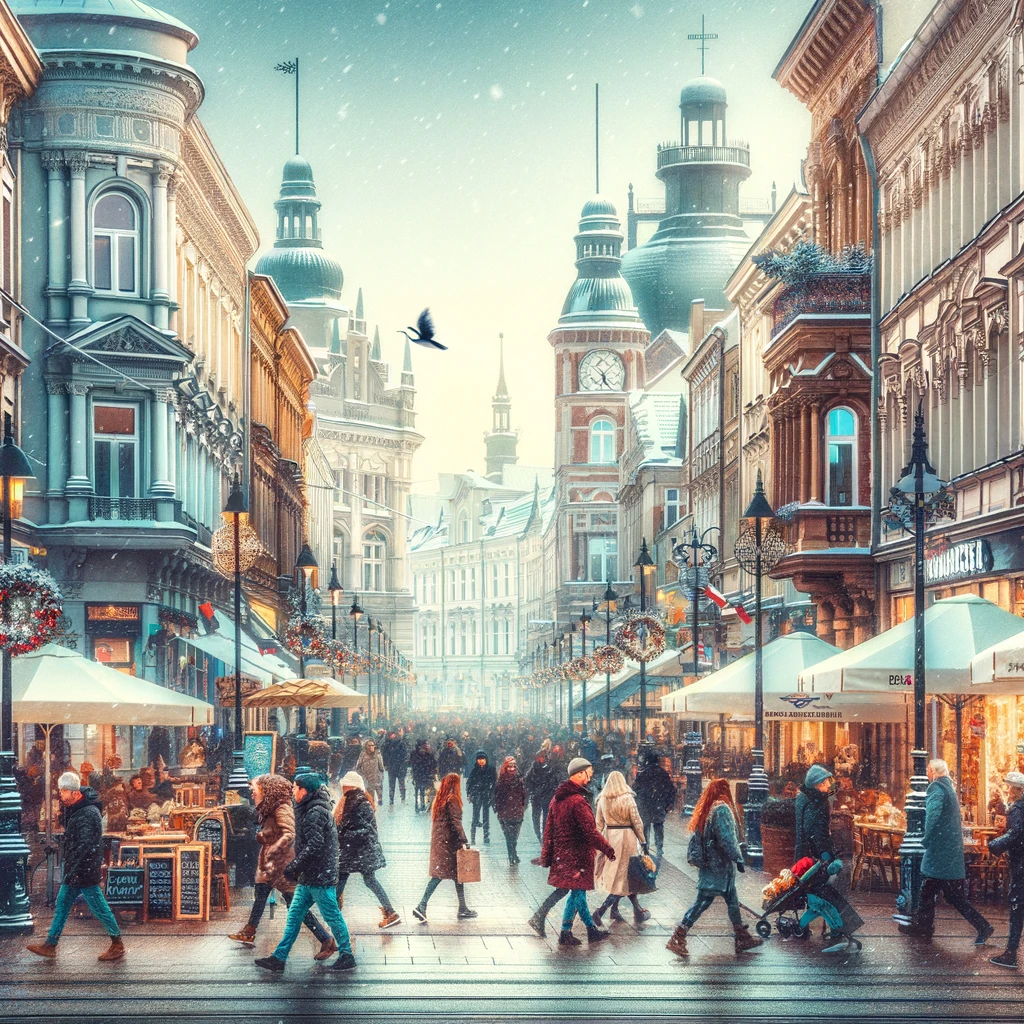 Żywy widok na ulicę Piotrkowską w Łodzi zimą, z historycznymi budynkami, kawiarniami i sklepami, ludźmi spacerującymi i cieszącymi się atmosferą.