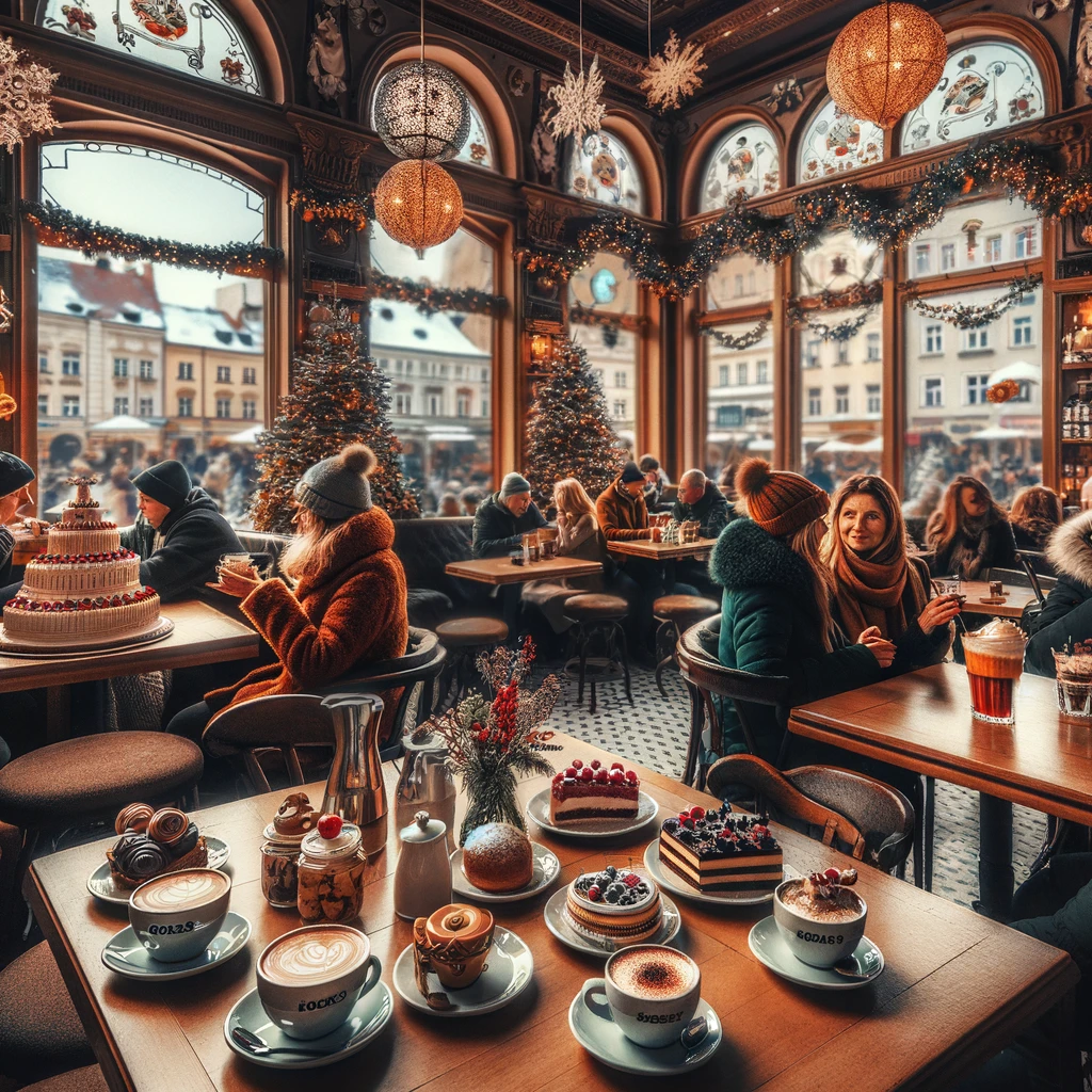 Przytulna i tętniąca życiem scena w popularnej kawiarni w Łodzi zimą, ludzie cieszą się ciepłymi napojami i deserami.