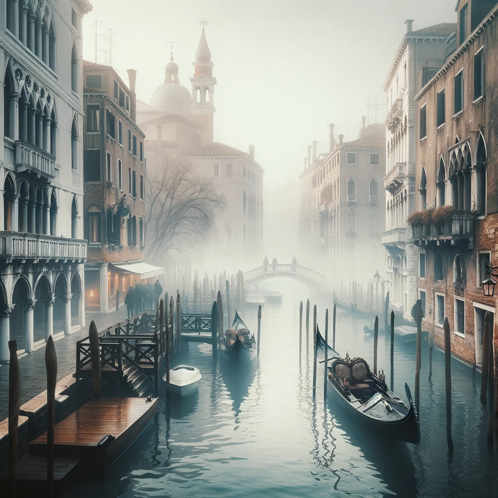 Zimowy poranek w Wenecji z mglistymi kanałami i gondolami