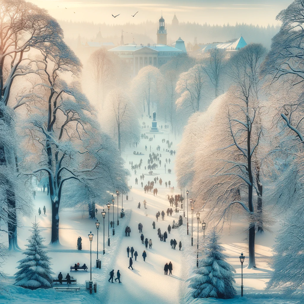 Zimowy widok Parku Źródliska w Łodzi, ludzie spacerujący wśród śnieżnych drzew i malowniczego krajobrazu.