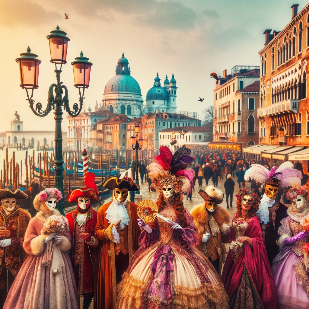 Karnawał w Wenecji: kolorowe kostiumy i maski na tle historycznej architektury